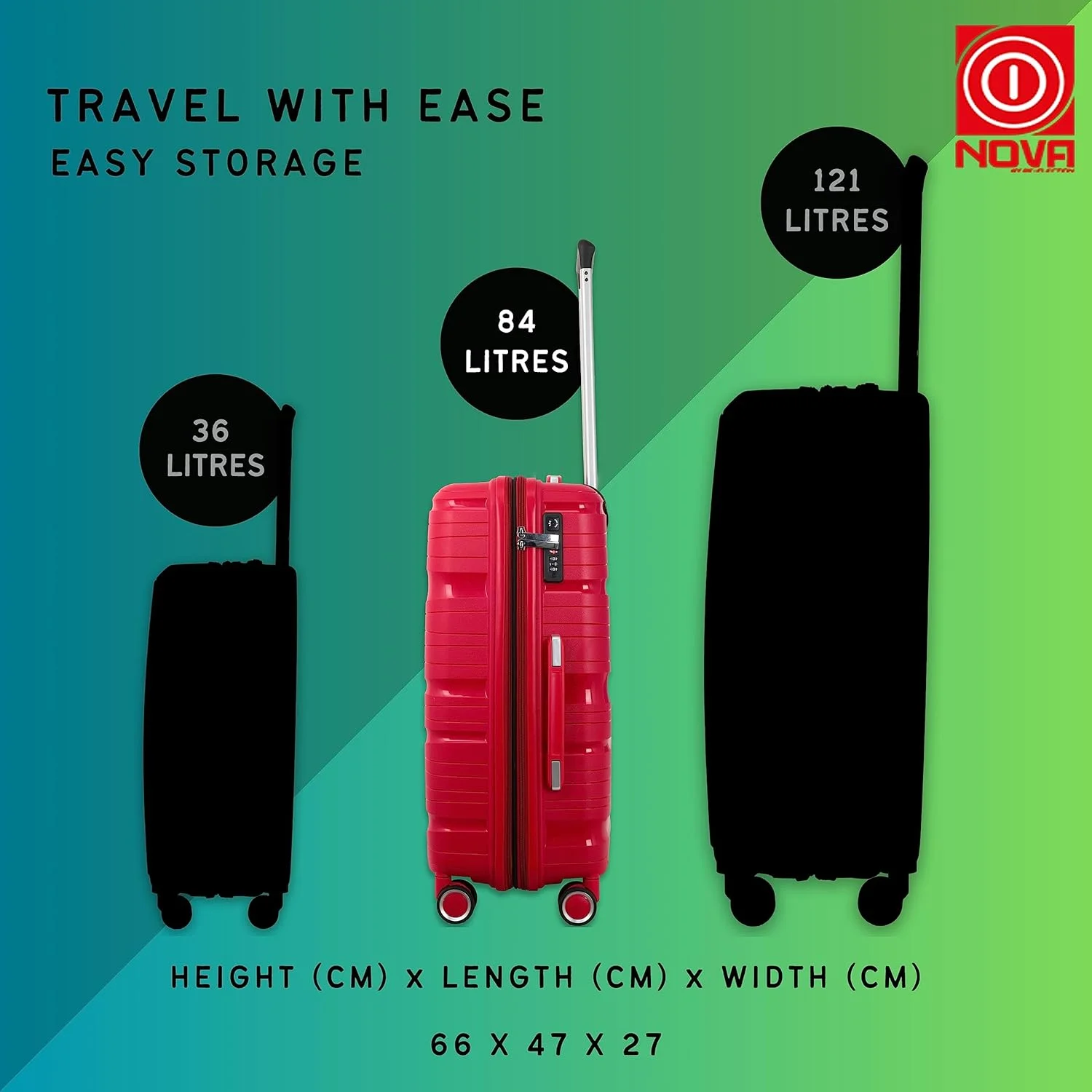 چمدان سایز متوسط 25 اینچی Nova by Re-flection، بدنه سخت و سبک از جنس پلی پروپیلن، سری Curvy Line، چمدان مسافرتی ترولی با ظرفیت 90 لیتر، دارای 4 چرخ گردان و قفل TSA، قرمز
