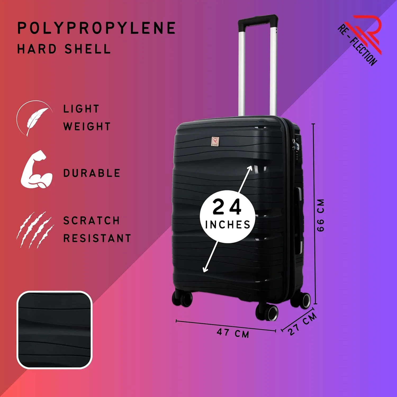 چمدان چرخدار پلی پروپیلن Re-flection، چمدان مسافرتی سبک وزن با بدنه سخت و خطوط براق، 4 چرخ گردان و قفل TSA