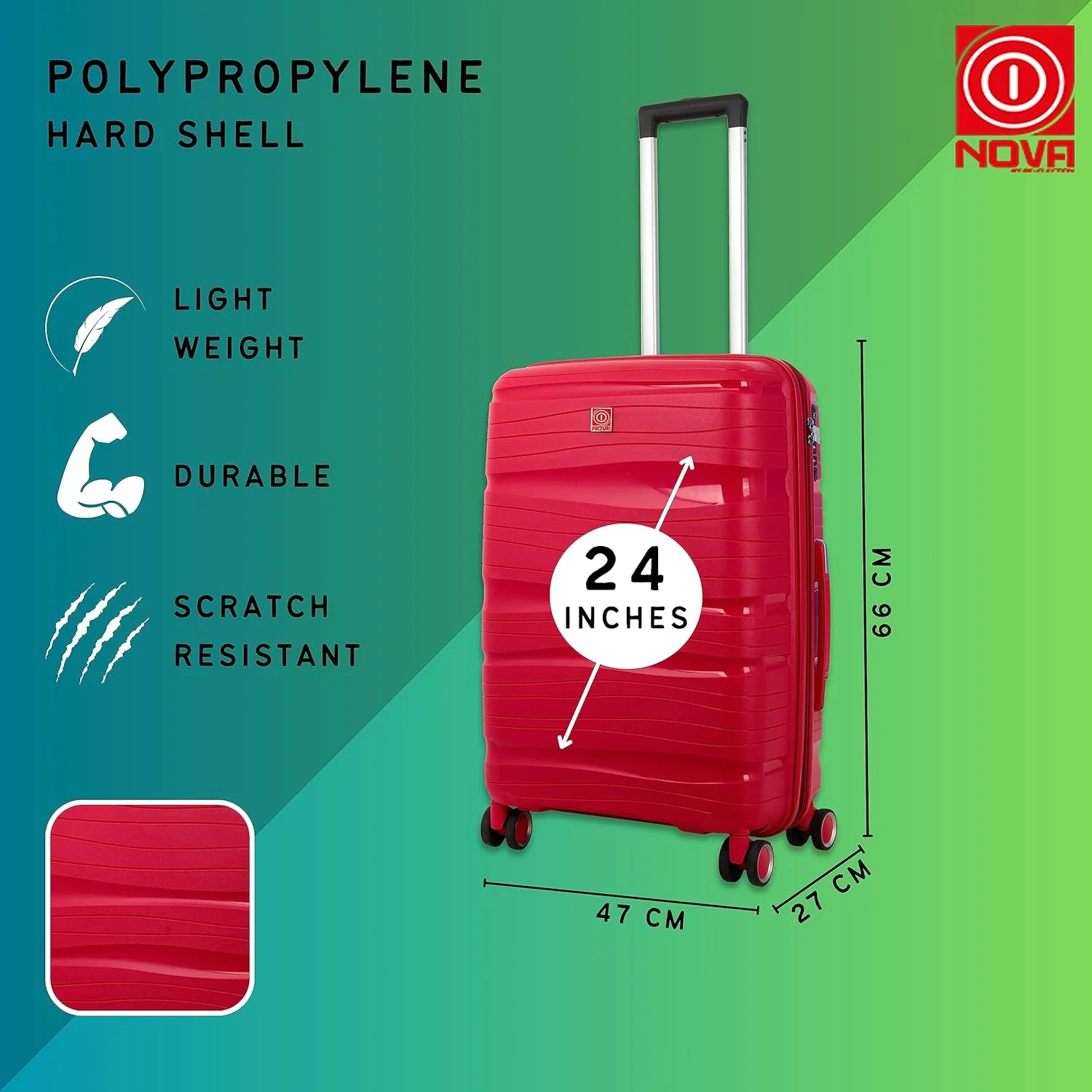 چمدان سایز متوسط 25 اینچی Nova by Re-flection، بدنه سخت و سبک از جنس پلی پروپیلن، سری Curvy Line، چمدان مسافرتی ترولی با ظرفیت 90 لیتر، دارای 4 چرخ گردان و قفل TSA، قرمز