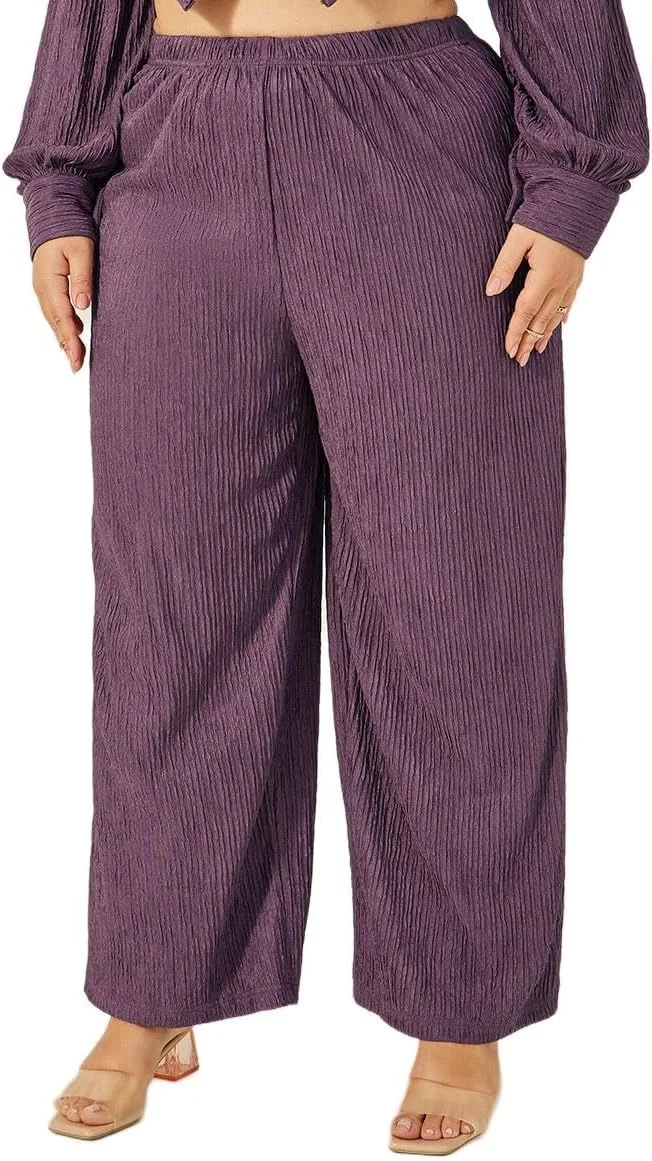 شلوار زنانه سایز بزرگ استایلی، بافت‌دار، فاق متوسط و پاچه گشاد