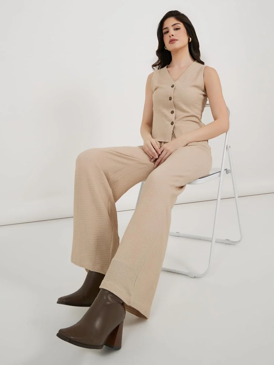 شلوار زنانه استایلی، پاچه گشاد با بافت دار و کمر کشی