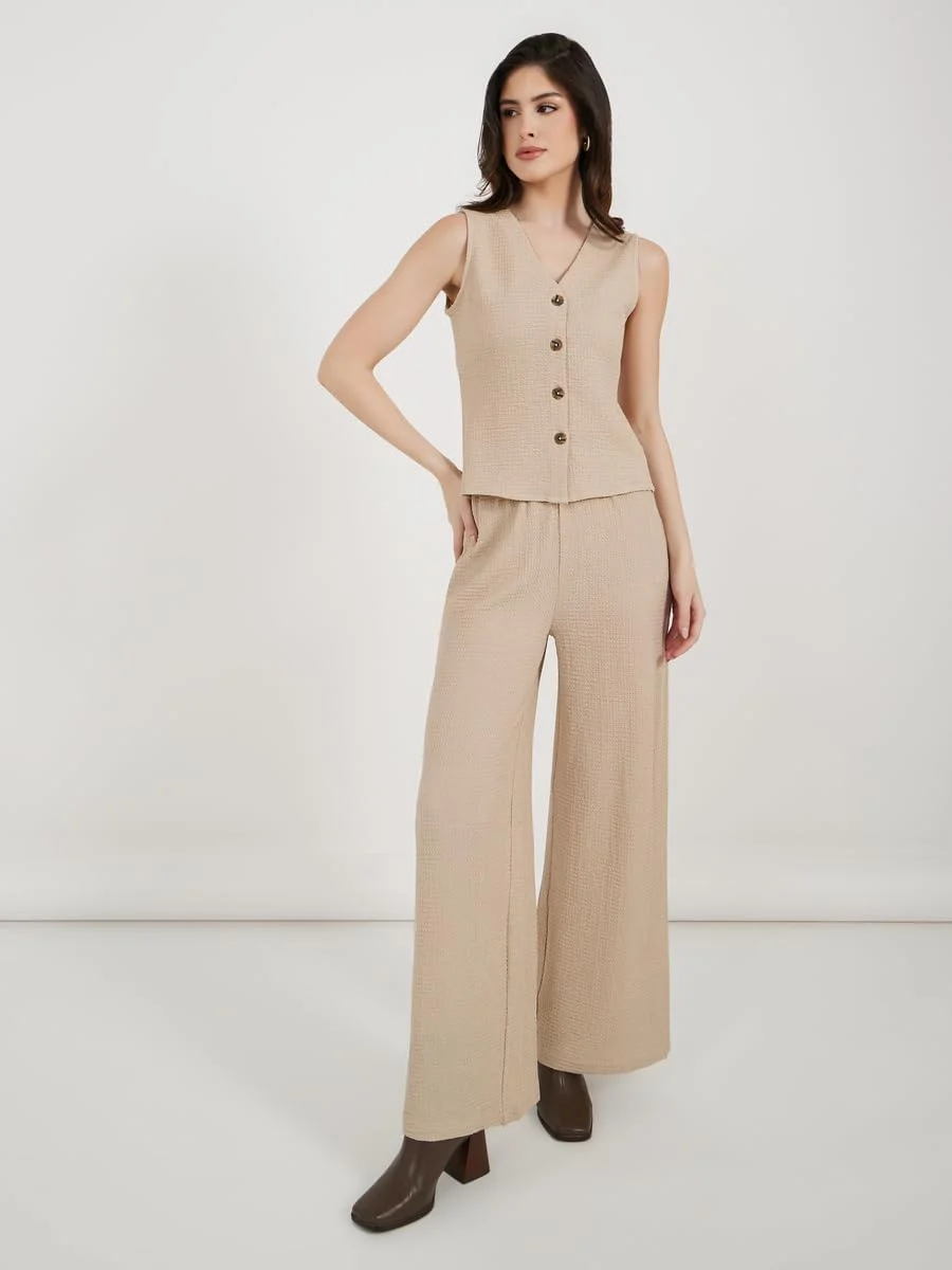 شلوار زنانه استایلی، پاچه گشاد با بافت دار و کمر کشی