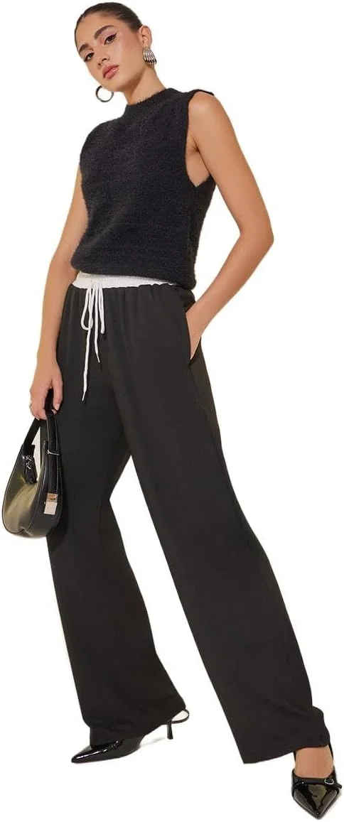 شلوار زنانه استایلی، طرح ساده، مدل آزاد با جزئیات گیپور و بند