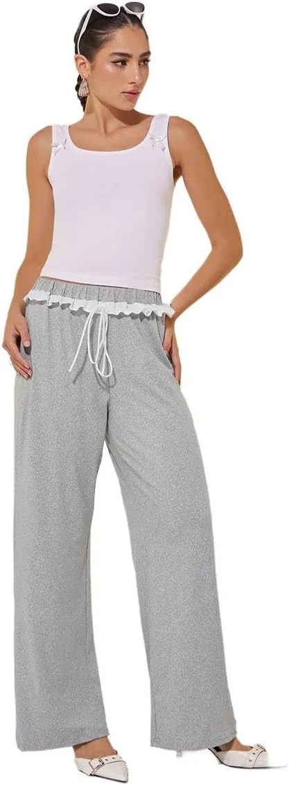 شلوار زنانه استایلی، طرح ساده، مدل آزاد، دارای جزئیات گیپور و بند