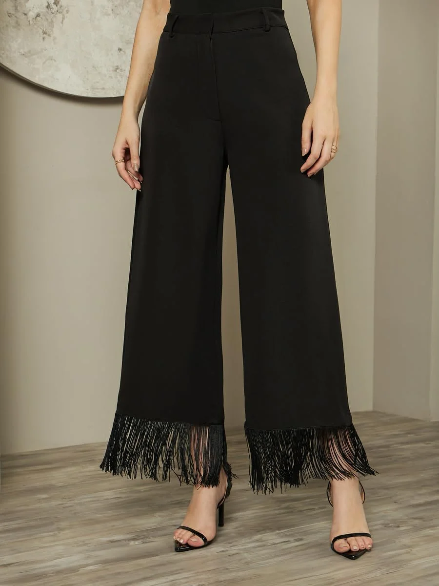 شلوار بافتنی زنانه استایلی با جزئیات ریشه ای و پاچه گشاد