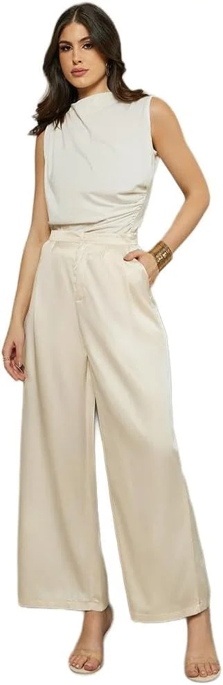 شلوار زنانه استایلی، فاق متوسط، پاچه گشاد، ساتن