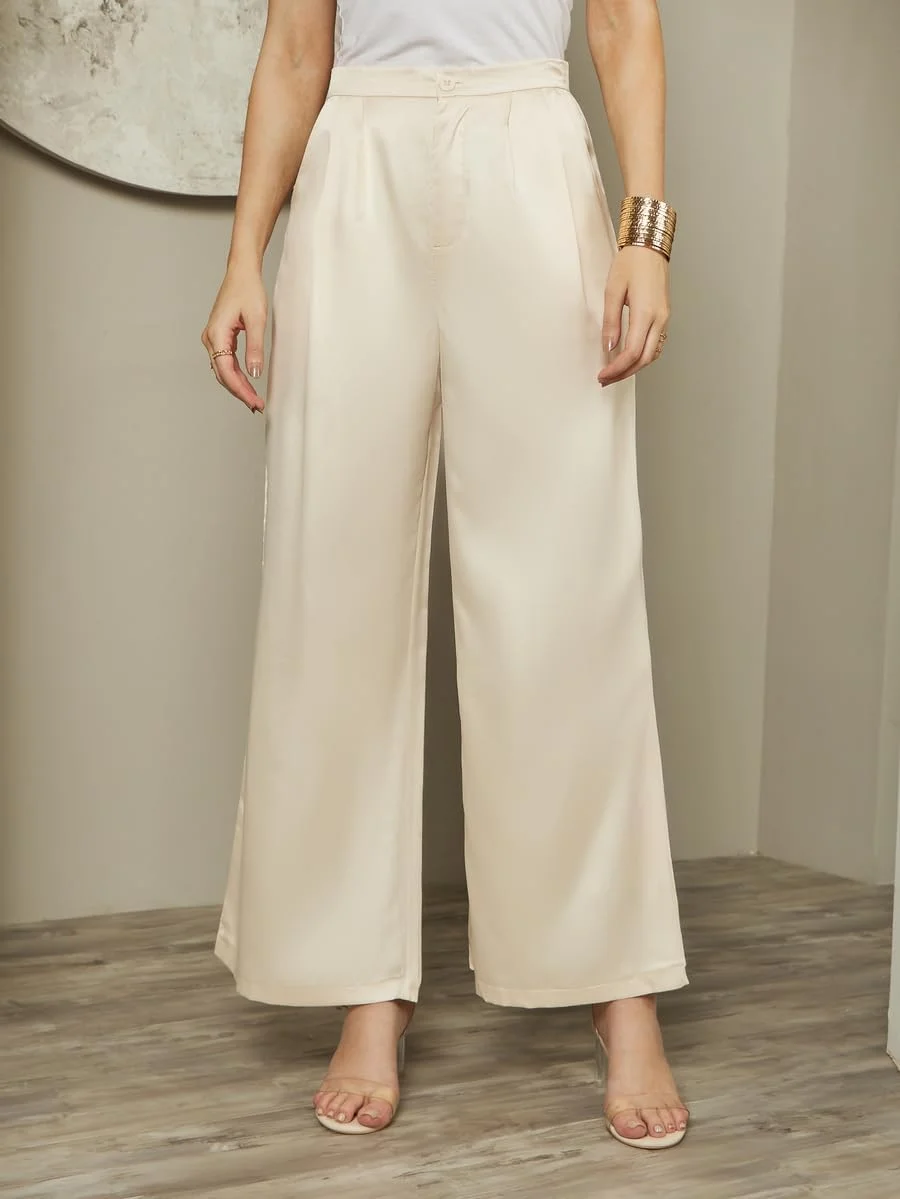 شلوار زنانه استایلی، فاق متوسط، پاچه گشاد، ساتن