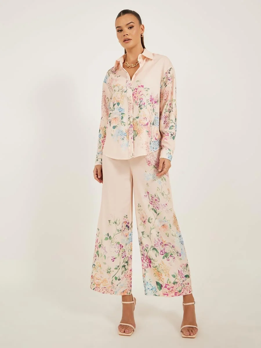 شلوار زنانه استایلی با طرح گل و پاچه گشاد و بند تنظیم