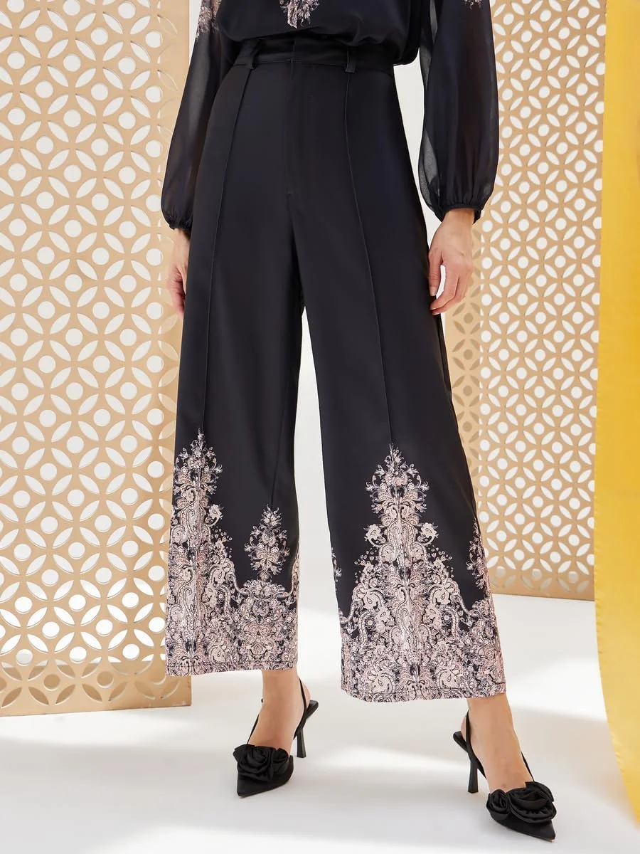 شلوار لینن زنانه استایلی با طرح چاپی و پاچه گشاد