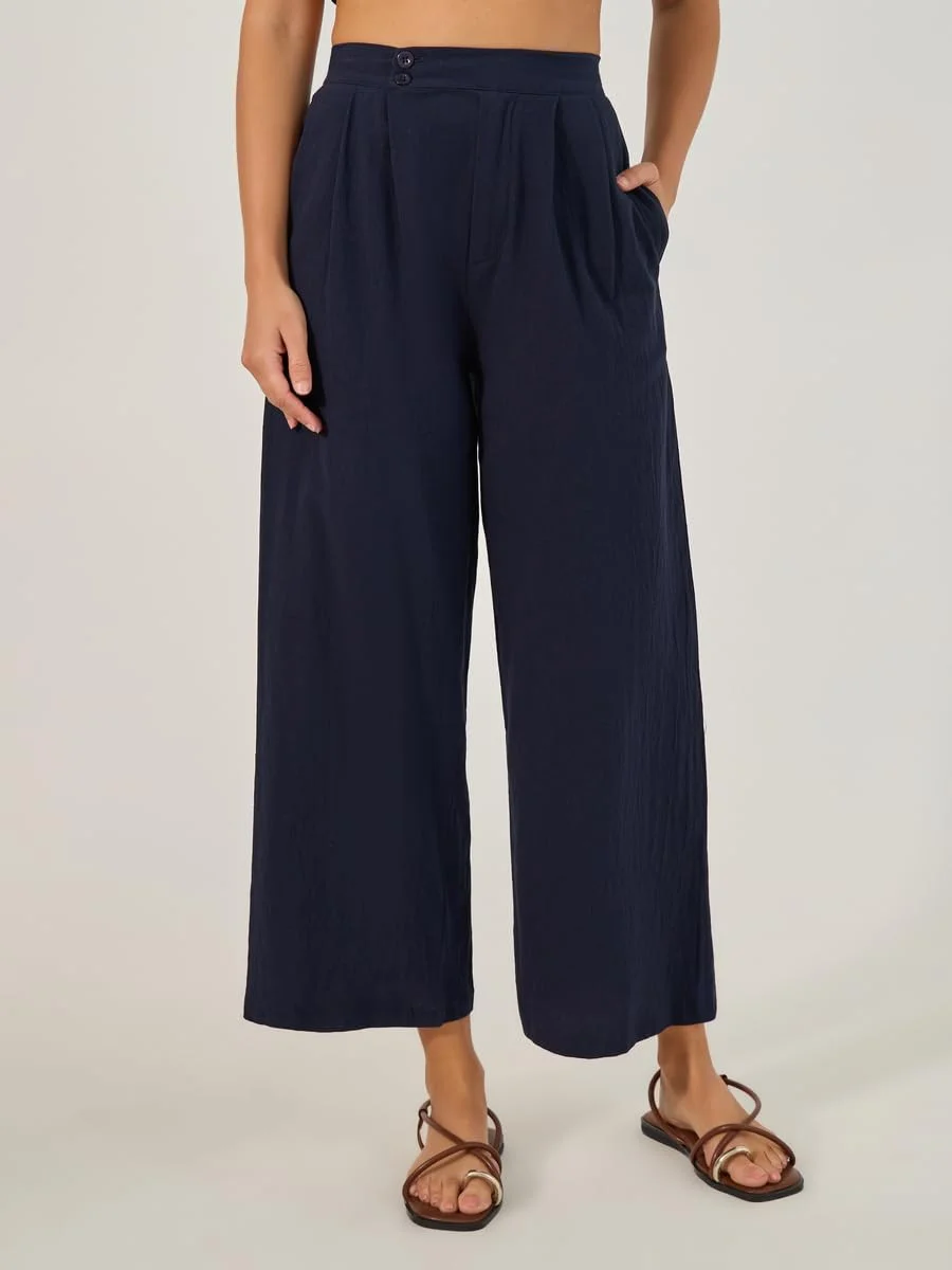 شلوار زنانه استایلی، فاق متوسط، پاچه گشاد و پلیسه دار