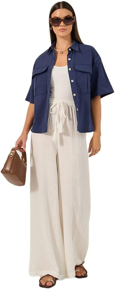 شلوار زنانه استایلی، فاق بلند، پاچه گشاد، دارای بند شلوار زنانه استایلی، فاق بلند، پاچه گشاد، دارای بند