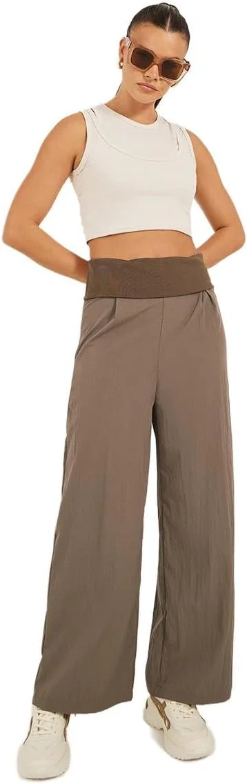 شلوار زنانه استایلی، بافت پهن، پلیسه دار، قد کامل، دارای کمر کشبافت دنده ای معکوس، پارچه بافتنی - کمربند پهن