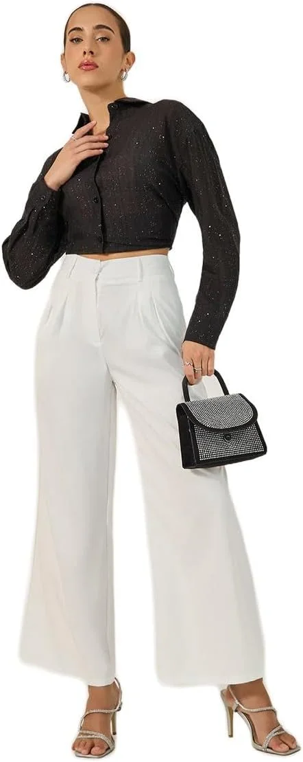 شلوار زنانه استایلی، فاق بلند، پاچه گشاد، دارای جزئیات حلقه کمربند شلوار زنانه استایلی، فاق بلند، پاچه گشاد، دارای جزئیات حلقه کمربند