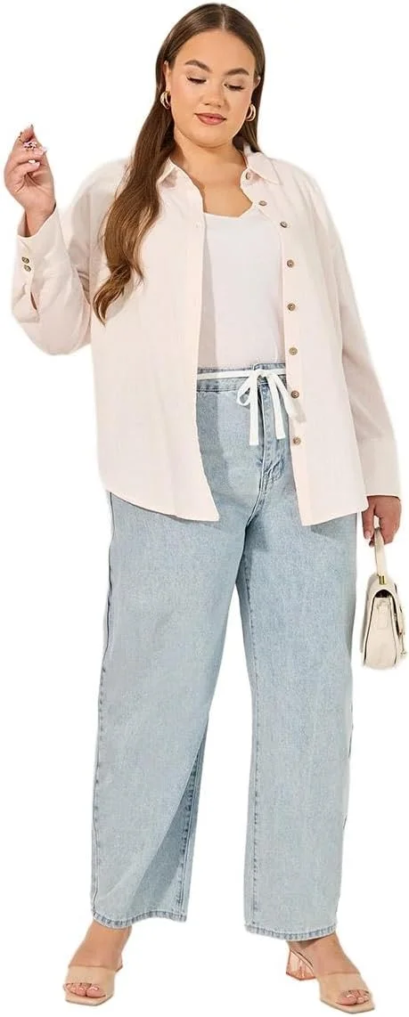 شلوار جین زنانه استایلی، کمر بلند، پاچه گشاد، دارای بند شلوار جین زنانه استایلی، کمر بلند، پاچه گشاد، دارای بند