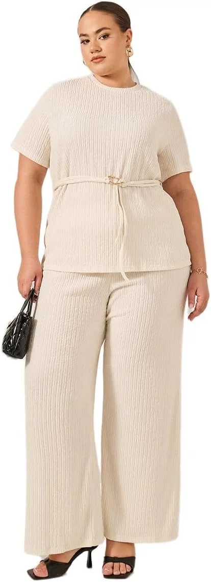 ست لباس زنانه استایلی، تاپ آستین کوتاه بافت کرینکلی سایز بزرگ و شلوار راسته