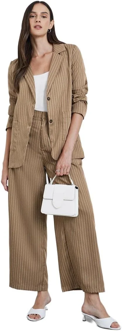 شلوار زنانه استایلی، راه راه سوزنی، پاچه گشاد، رنگ برنزه