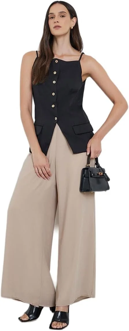 Styli Women Elegant Beige Wide Leg Trousers