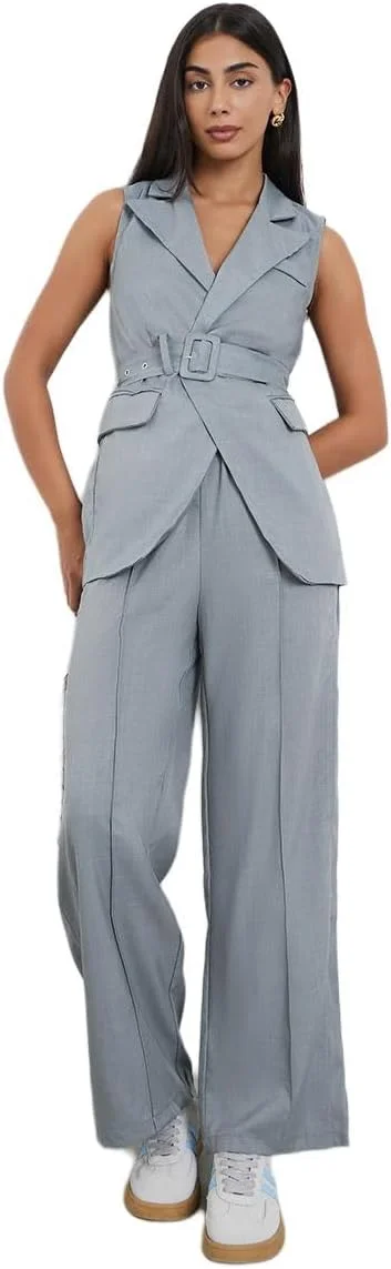 شلوار زنانه استایلی خاکستری طرح کتان پاچه گشاد با پیلی