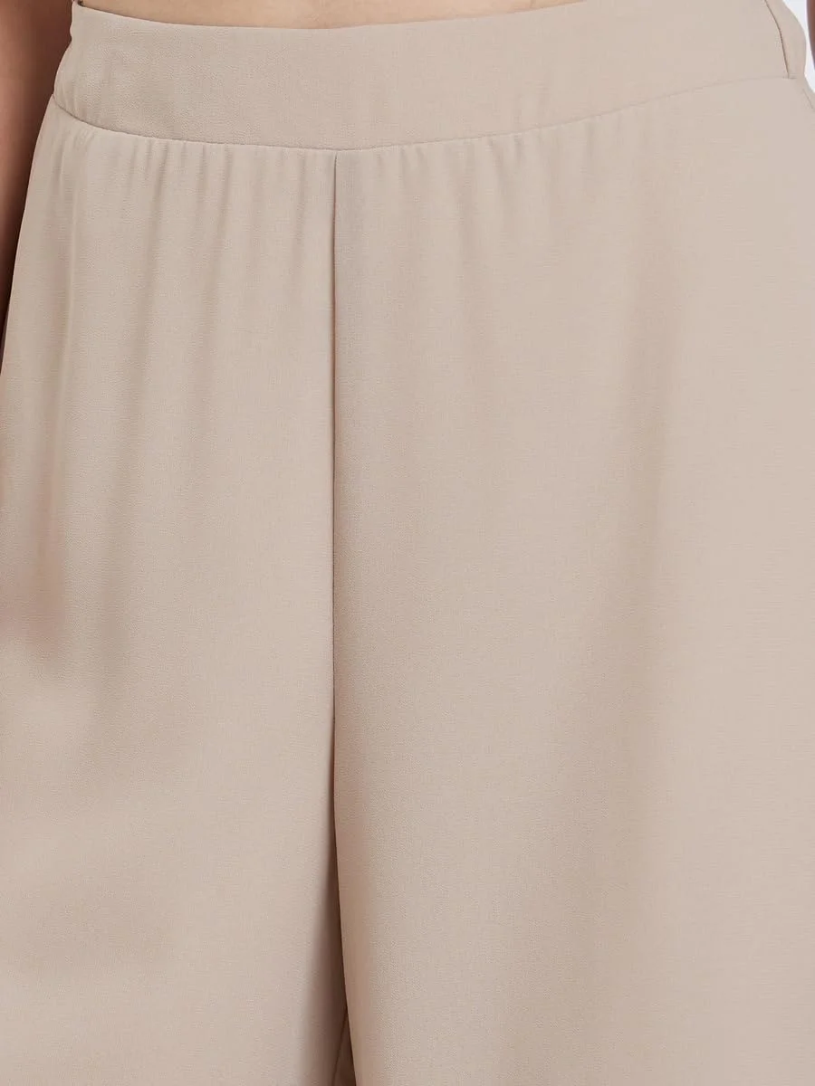 Styli Women Elegant Beige Wide Leg Trousers