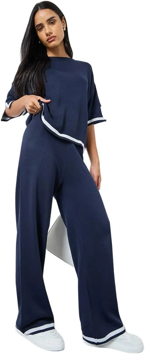 شلوار بافتنی زنانه استایلی، پاچه گشاد، با حاشیه متضاد