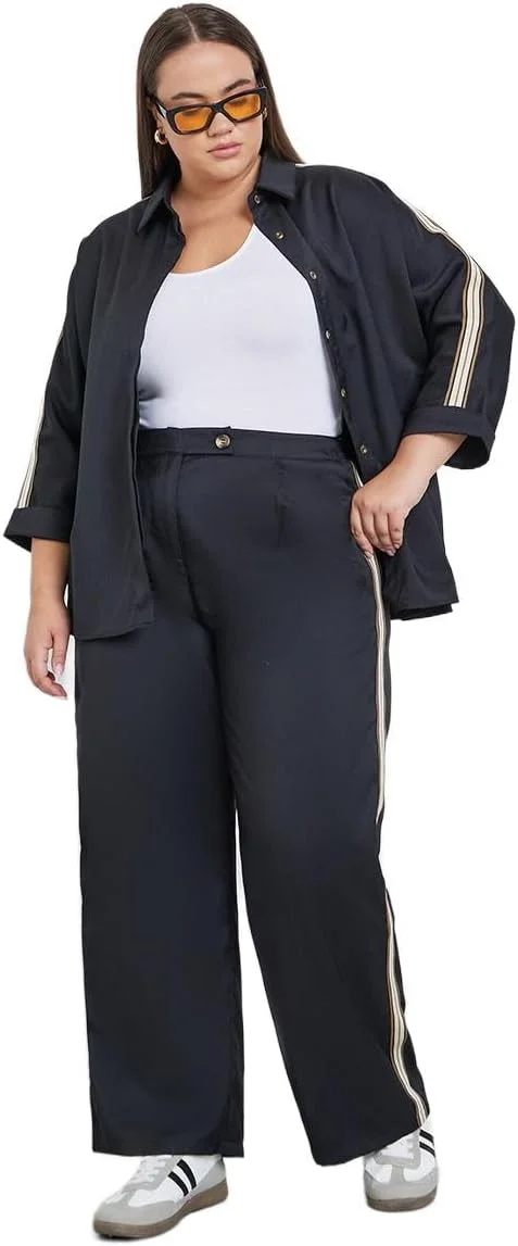 شلوار زنانه استایلی سایز بزرگ مشکی راسته با نوار کناری