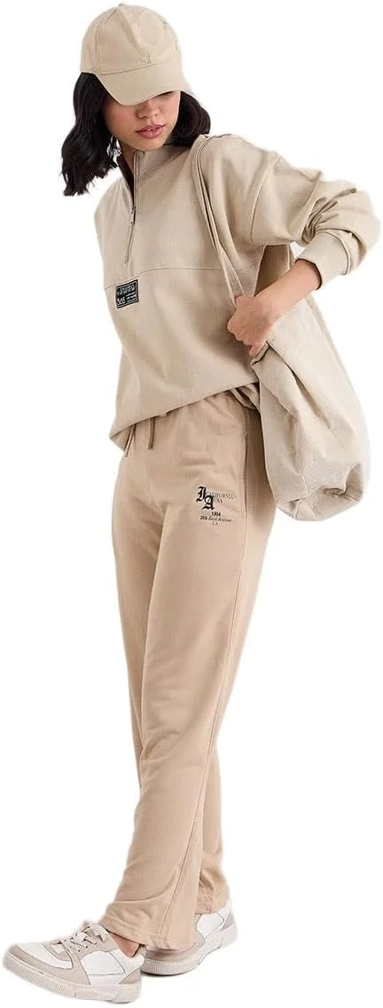 شلوار جاگر زنانه استایلی، پاچه گشاد، بژ، با بند تنظیم