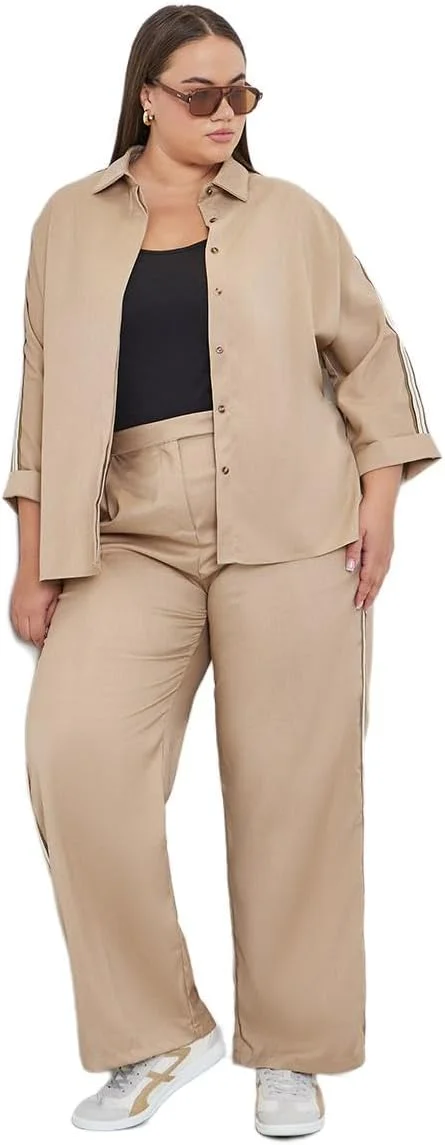 شلوار زنانه استایلی سایز بزرگ، راسته، بژ با نوار کناری