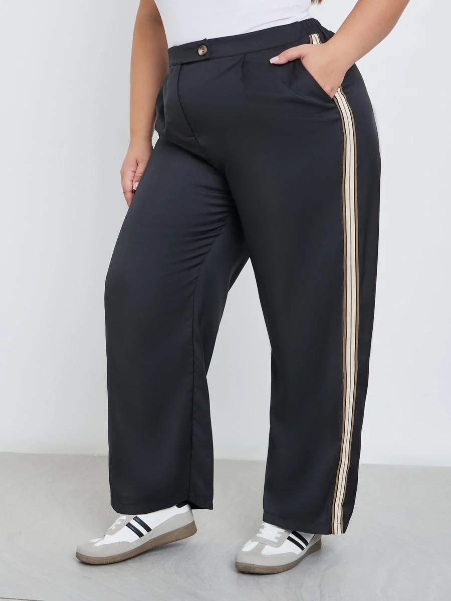 شلوار زنانه استایلی سایز بزرگ مشکی راسته با نوار کناری