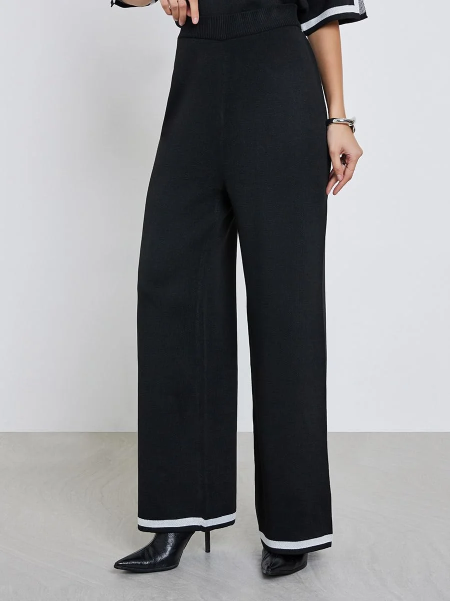 شلوار بافتنی زنانه استایلی با پاچه گشاد و تزیینات متضاد