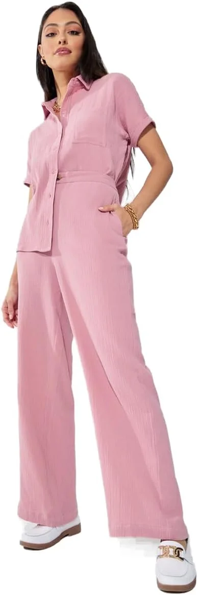 شلوار زنانه استایلی مدل 7005852528 با فاق بلند و پاچه گشاد با بافت خاص