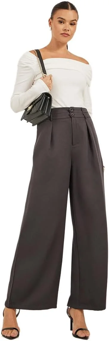 شلوار زنانه استایلی، مدل پلیسه ای با پاچه گشاد و کمر دکمه دار دوبل