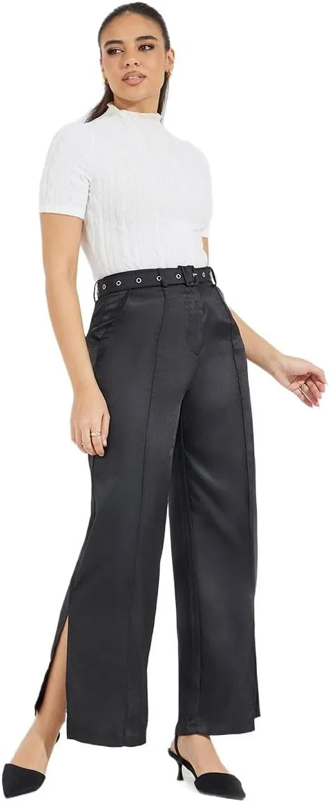 شلوار زنانه کمر بلند کمربند دار با چاک جانبی استایلی