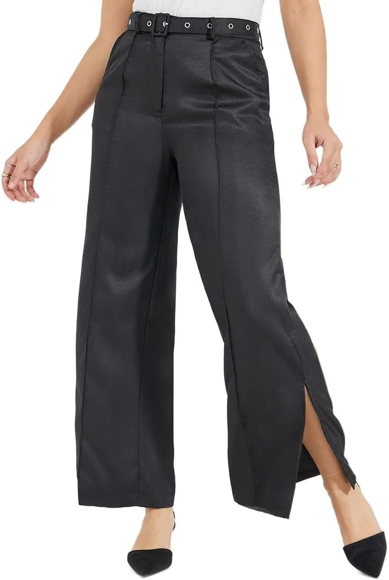 شلوار زنانه کمر بلند کمربند دار با چاک جانبی استایلی شلوار زنانه کمر بلند کمربند دار با چاک جانبی استایلی