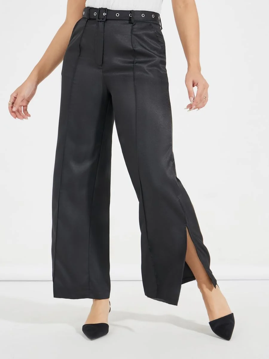 شلوار زنانه کمر بلند کمربند دار با چاک جانبی استایلی شلوار زنانه کمر بلند کمربند دار با چاک جانبی استایلی