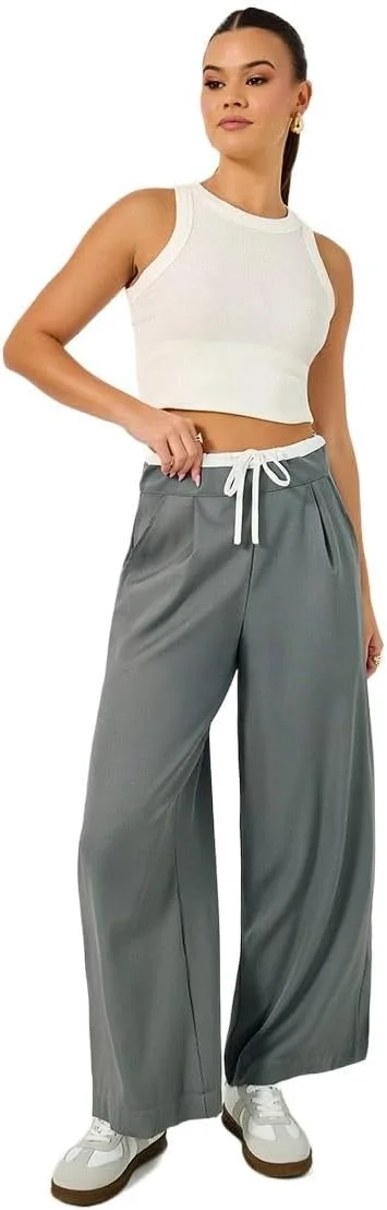 شلوار زنانه دمپا گشاد استایلی با بند کمر کشی متضاد