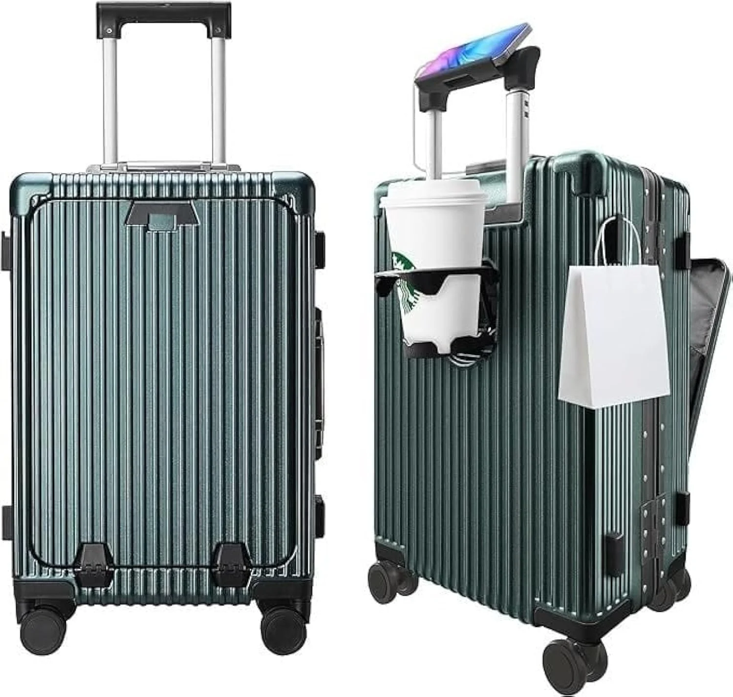 چمدان مسافرتی ۲۰ اینچی PICCASIO، چمدان مسافرتی با چرخ های اسپینر، ست چمدان، کیف دستی، چمدان دستی با قاب آلومینیومی با جیب های جلویی باز برای لپ تاپ ۵۵x۲۵x۳۸ سانتی متر چمدان بزرگ (سبز)
