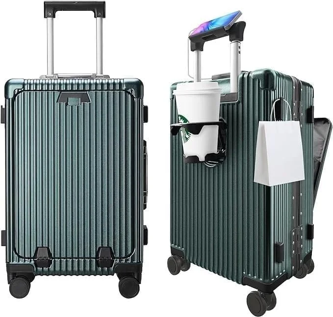 چمدان مسافرتی ۲۰ اینچی PICCASIO، چمدان مسافرتی با چرخ های اسپینر، ست چمدان، کیف دستی، چمدان دستی با قاب آلومینیومی با جیب های جلویی باز برای لپ تاپ ۵۵x۲۵x۳۸ سانتی متر چمدان بزرگ (سبز)