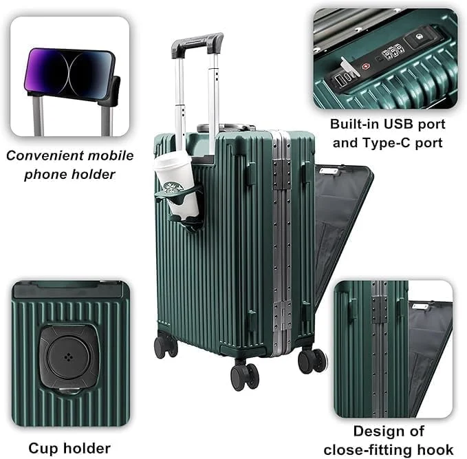 چمدان مسافرتی ۲۰ اینچی PICCASIO، چمدان مسافرتی با چرخ های اسپینر، ست چمدان، کیف دستی، چمدان دستی با قاب آلومینیومی با جیب های جلویی باز برای لپ تاپ ۵۵x۲۵x۳۸ سانتی متر چمدان بزرگ (سبز)