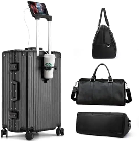 چمدان سفری سایز کابین 20 اینچی PICCASIO، چمدان با چرخ های اسپینر، چمدان مسافرتی، فریم آلومینیومی، چمدان سفری، چمدان سایز کابین با محفظه لپ تاپ 55x25x38 سانتی متر، چمدان بزرگ (مشکی)