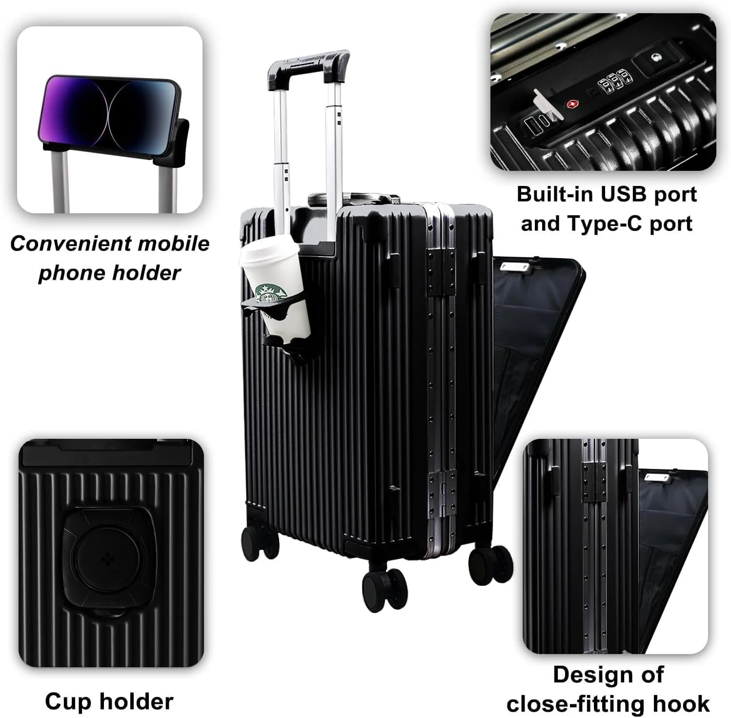 چمدان کابین PICCASIO™، چمدان مسافرتی، ترولی سبک وزن، ست چمدان با چرخ های اسپینر، قفل های TSA، پورت USB، ایده آل برای بزرگسالان