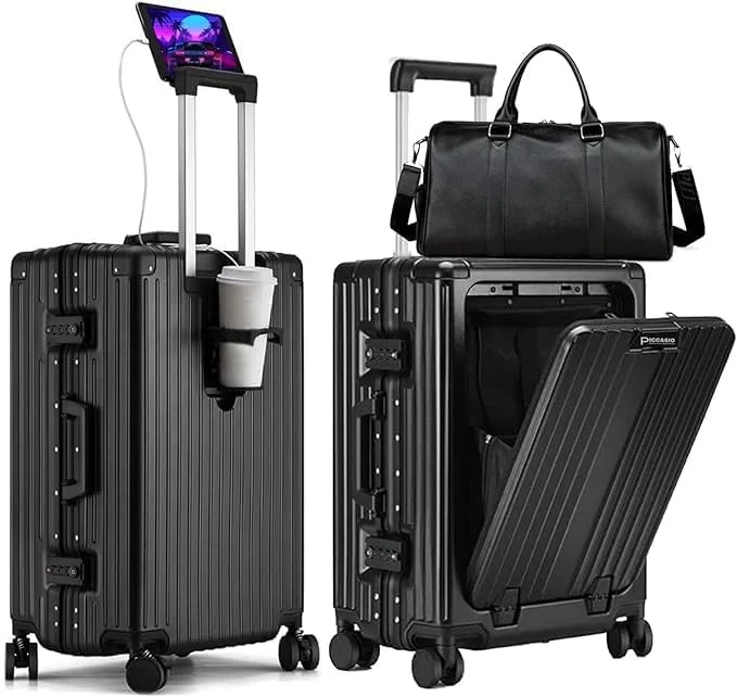 چمدان سفری کابین سایز 20 اینچی PICCASIO، چمدان مسافرتی با چرخ های اسپینر و فریم آلومینیومی، ست چمدان، چمدان کابین سایز با جیب لپ تاپ بازشو جلو، 55x25x38 سانتی متر، چمدان بزرگ (مشکی)