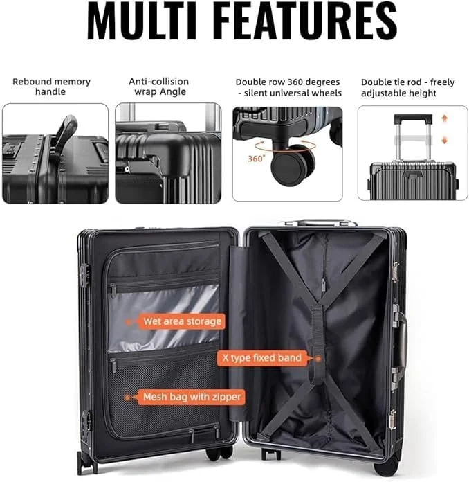 چمدان کابین سایز PICCASIO، چمدان با فریم آلومینیومی دارای محفظه جلویی بازشو لپ تاپ، کوله پشتی کابین سایز، چرخ های اسپینر، چمدان مسافرتی (چمدان)