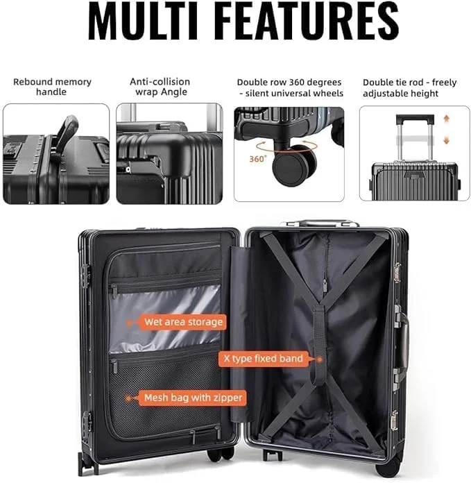 چمدان PICCASIO، چمدان کابین، کوله پشتی مسافرتی، چمدان با فریم آلومینیومی، کیف دستی با محفظه جلویی لپ تاپ، چرخ های اسپینر، چمدان مسافرتی (چمدان)