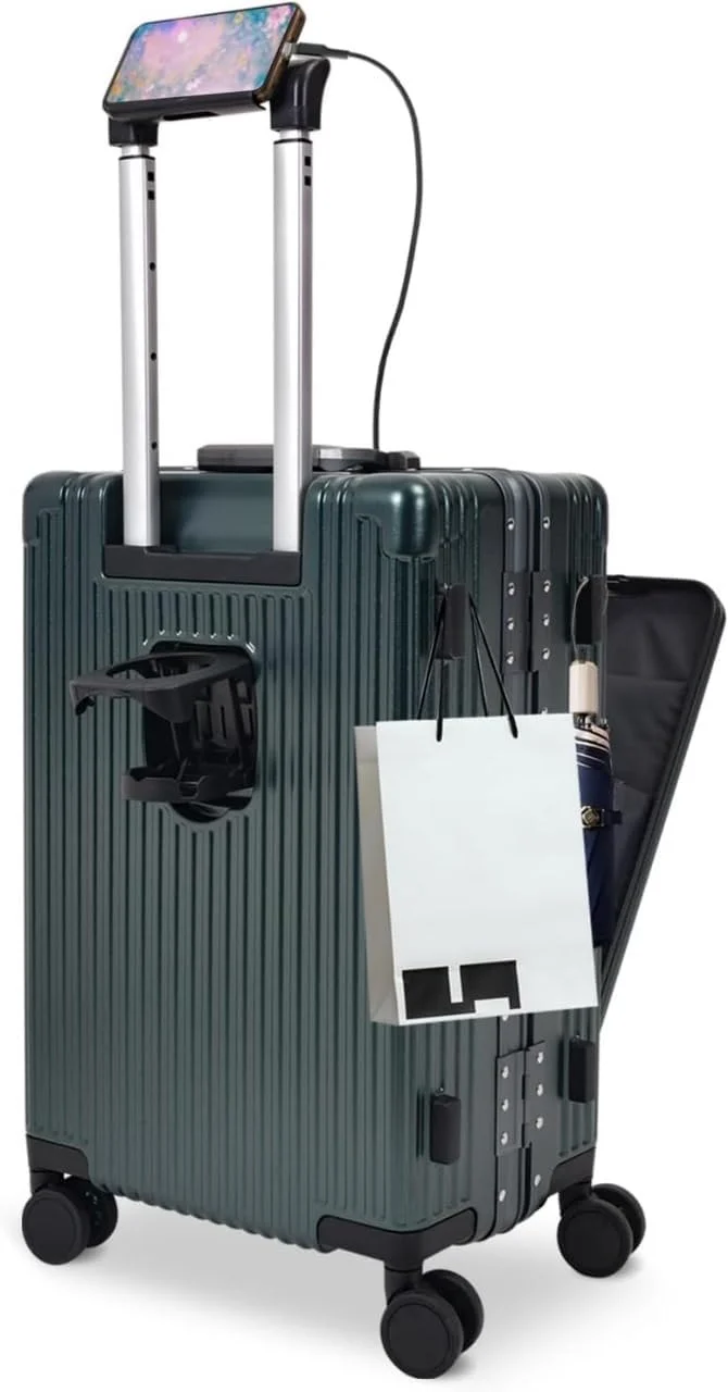 چمدان کابین سایز 20 اینچی PICCASIO، چمدان مسافرتی با چرخ های اسپینر و فریم آلومینیومی، ست چمدان، کیف های دستی، دارای جیب جلویی بازشو برای لپ تاپ، ابعاد 55x25x38 سانتی متر، رنگ سبز.