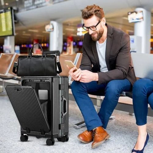 چمدان کابین سایز 20 اینچی PICCASIO با چرخ های اسپینر، قفل، پورت شارژ USB، جا لیوانی - چمدان ترولی مسافرتی سبک وزن هارد ساید با کیف چرمی - مورد تایید خطوط هوایی