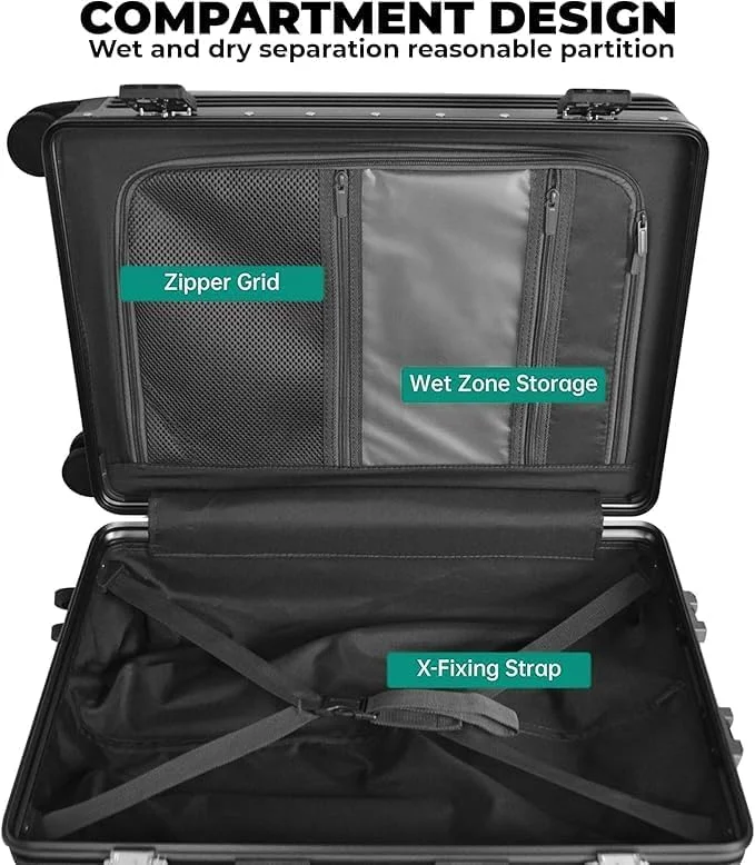 چمدان کابین سایز 20 اینچی PICCASIO، چمدان مسافرتی با چرخ های اسپینر و فریم آلومینیومی، ست چمدان، کیف های دستی، دارای جیب جلویی بازشو برای لپ تاپ، ابعاد 55x25x38 سانتی متر، رنگ سبز.