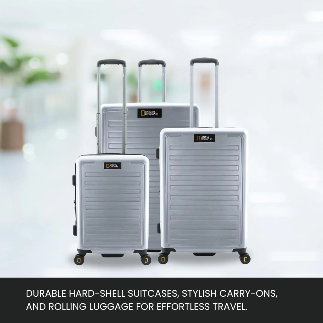 چمدان تک سایز نشنال جئوگرافیک مدل Cruise مناسب سفر، 100% پلی کربنات (PC) بادوام، سبک وزن، 4 چرخ دوبل بی صدا، قفل ایمن اضافی، چمدان / ترولی نقره ای کوچک سایز 20 اینچ
