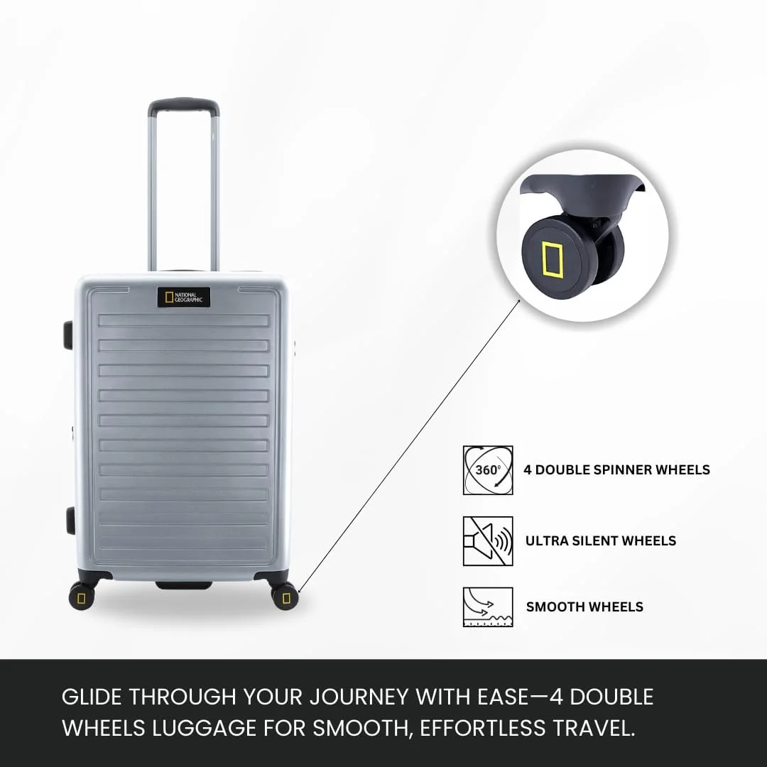 چمدان تک سایز نشنال جئوگرافیک مدل Cruise مناسب سفر، 100% پلی کربنات (PC) بادوام، سبک وزن، 4 چرخ دوبل بی صدا، قفل ایمن اضافی، چمدان / ترولی نقره ای کوچک سایز 20 اینچ
