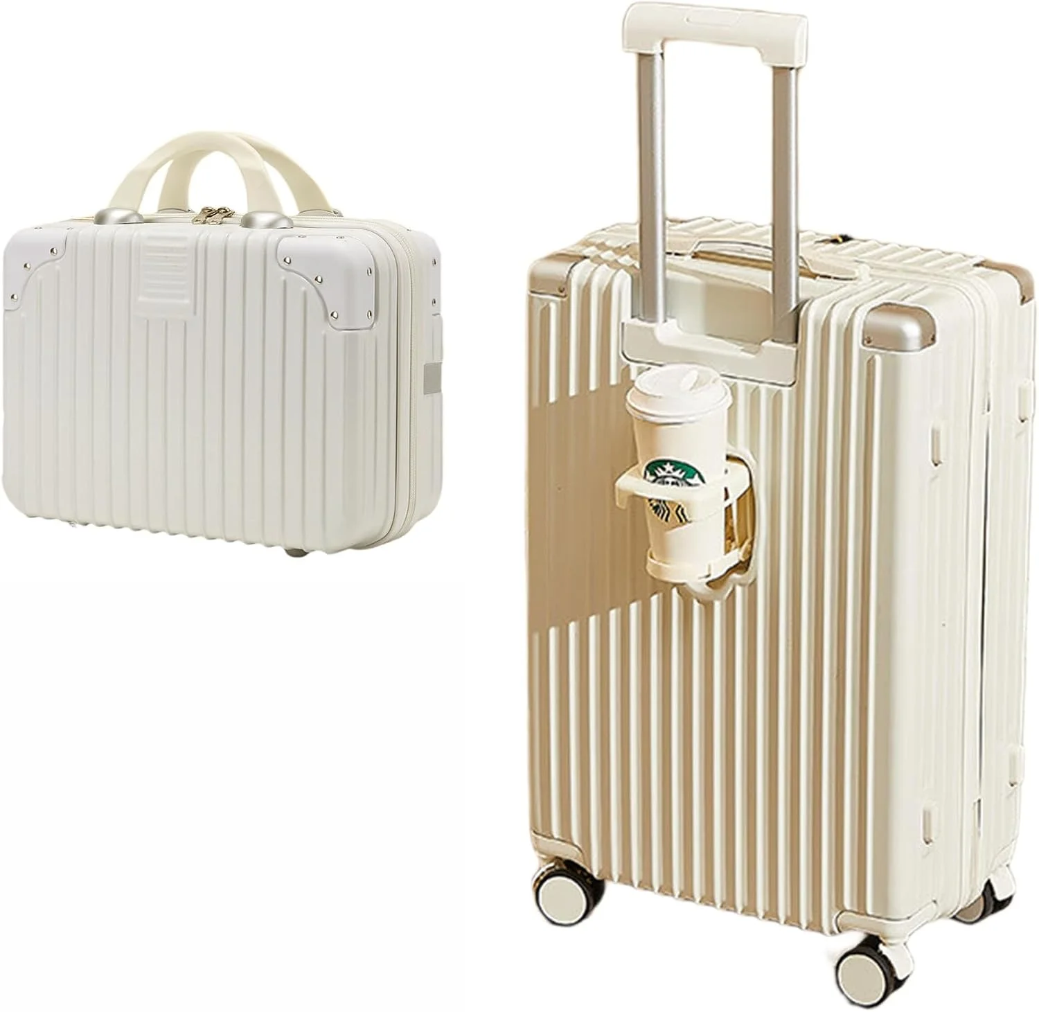 چمدان چرخشی سخت MOTIM با جا لیوانی، پورت USB و نگهدارنده تلفن به همراه یک چمدان مسافرتی کوچک 14 اینچی، سفید (22 اینچ)