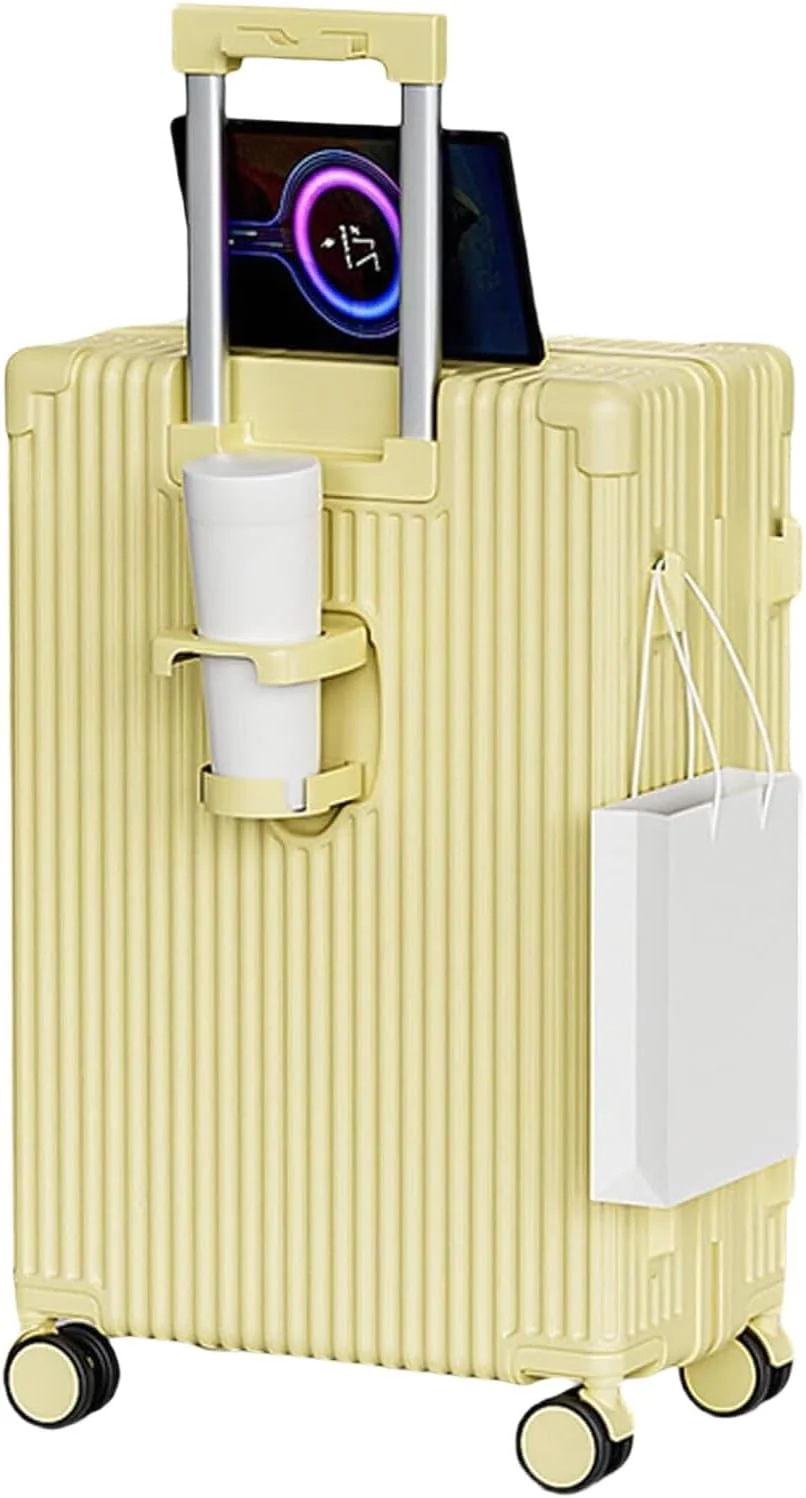 چمدان کابین سایز MOTIM با جا لیوانی، چمدان مسافرتی هارد شل با ظرفیت بالا و باز شدن از بالا به همراه چرخ (زرد، 24 اینچ)